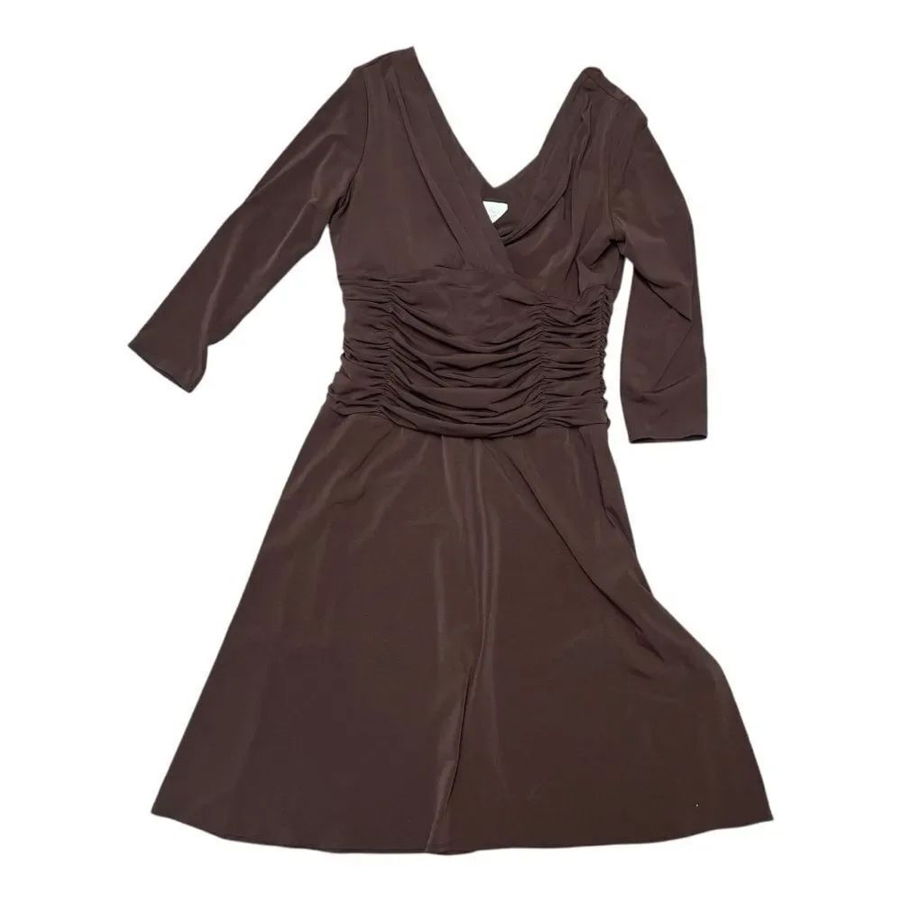 Suzi Chin Maggy Boutique Fit & Flare Brown Dress Deep V Neck 3/4 Sleeve Size 14